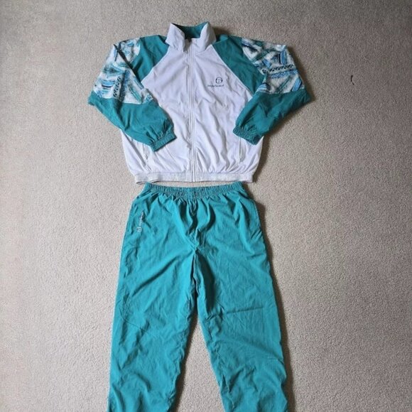 Vtg SERGIO TACCHINI Two Piece Teal Tracksuit Sz 50 XL Jacket Pants Blue Set 90s